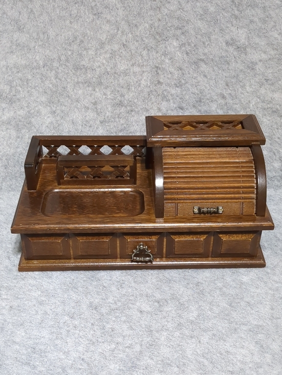 Art Deco Other - Vintage Wooden Jewelry Box Desk Organizer Roll-Top Velvet Storage Drawer